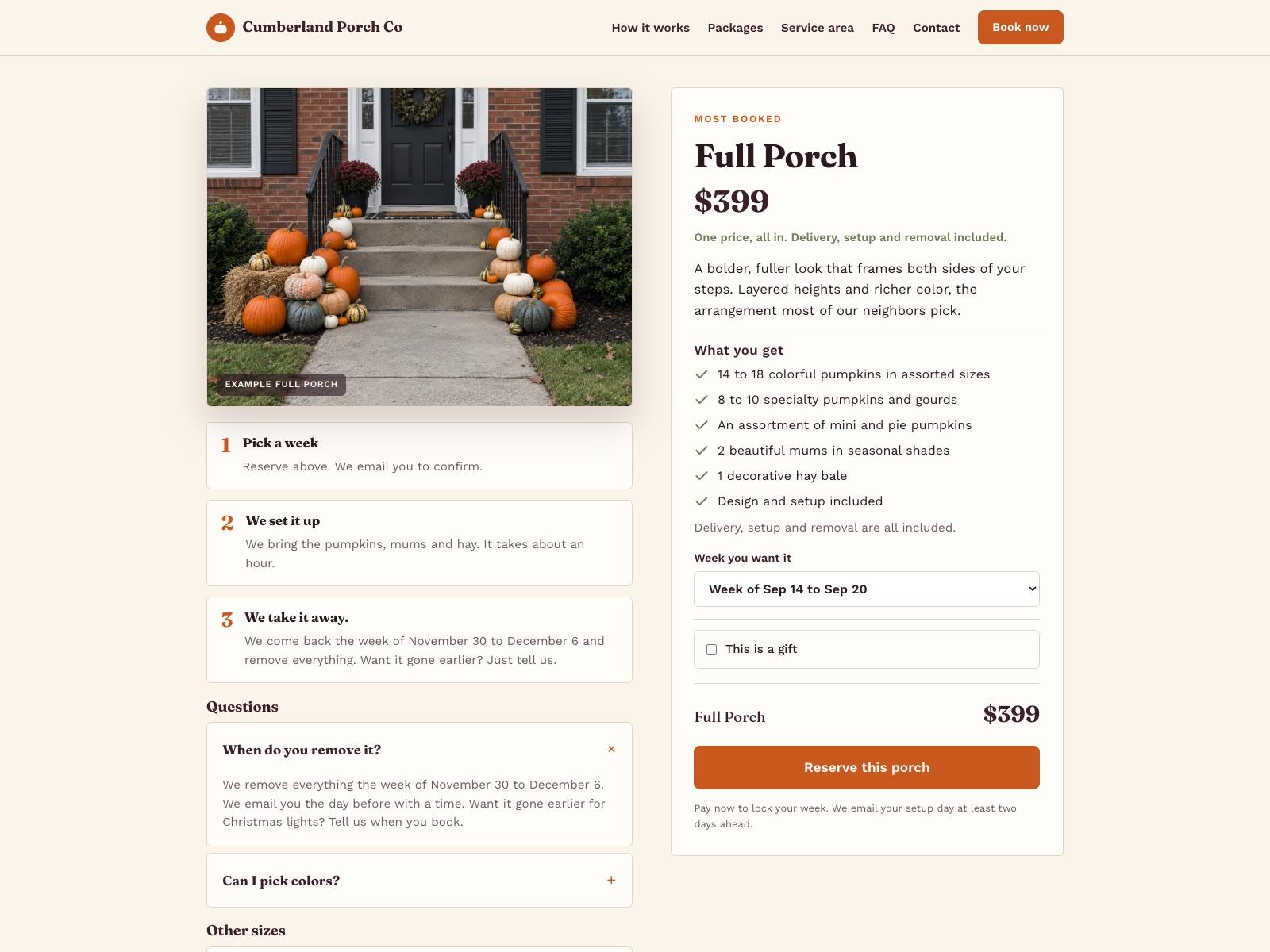 A package page with the items listed one per line