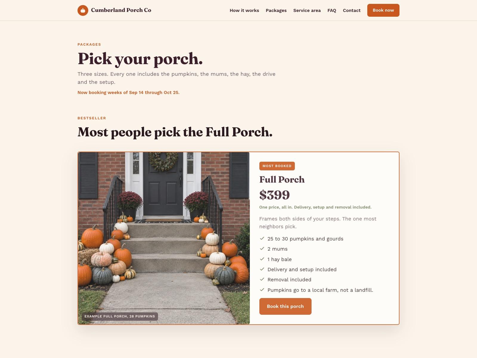 The packages page: three tiers side by side