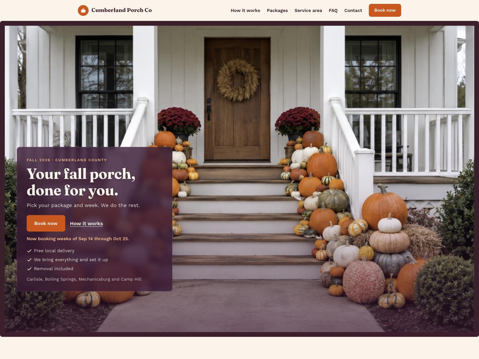 Cumberland Porch Co home page: a fall porch decorating service booked online by package and week