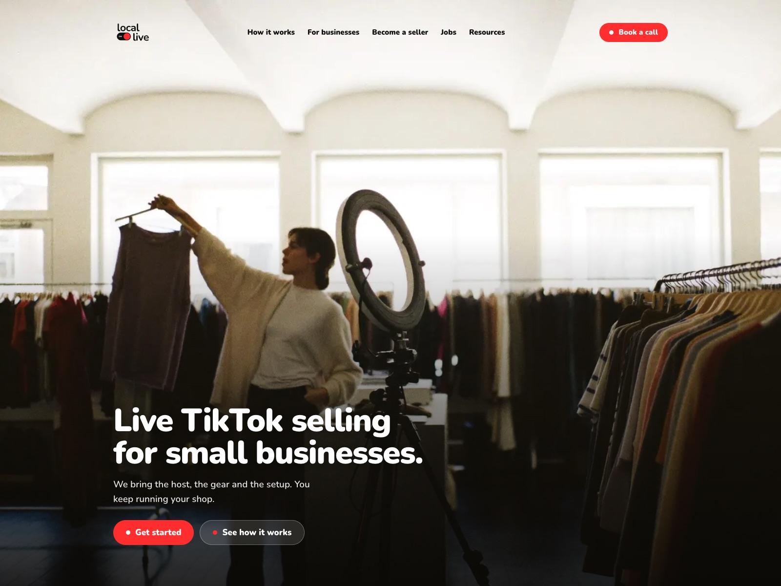 Local On Live home page: live TikTok selling for small businesses, a host in a clothing shop with a ring light